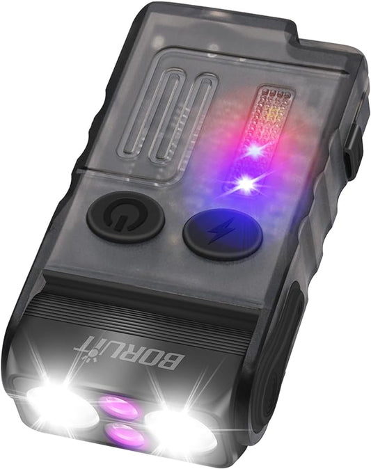 BORUIT V20 Small Powerful Flashlight 1000LM with 365nm UV, Red Blue Green Warm Light, 180° Swivels, 110dB Buzzer - Mini Keychain Pocket Rechargeable LED Flashlights USB EDC Clip Flash Light Black