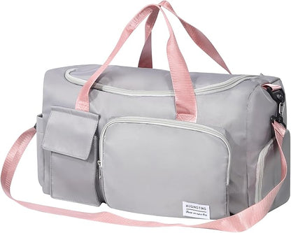 Duffel Bag for Gym Sports Workout Travel, Lightweight Waterproof Tote Bag with Shoes Compartment Wet Pocket for Women Grey with Pink Handles