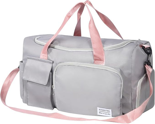 Duffel Bag for Gym Sports Workout Travel, Lightweight Waterproof Tote Bag with Shoes Compartment Wet Pocket for Women Grey with Pink Handles