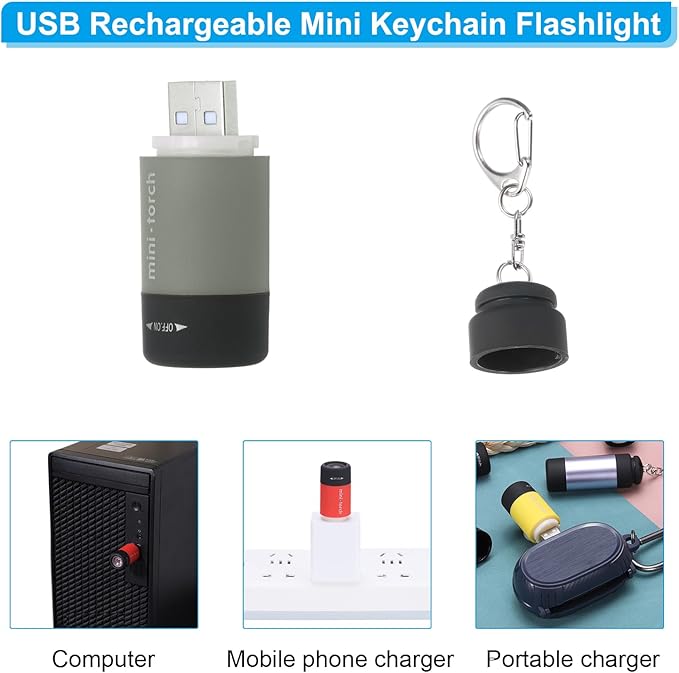 PATIKIL Mini Keychain Flashlight, Pocket LED Flashlight Portable Torch USB Rechargeable for Outdoor Camping Party, Grey