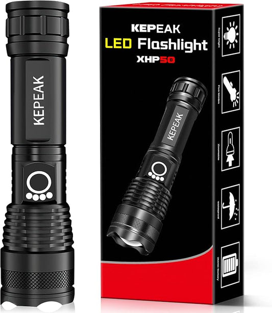 KEPEAK Flashlight, Rechargeable 5000 High Lumen Tactical Handheld Waterproof Zoomable LED Flashlight with 5 Light Modes for Emergency, Camping and Hiking