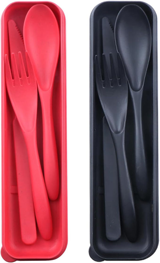 Reusable Travel Utensils Set with Case, 2 Sets Wheat Straw Portable Plastic Fork Spoons Knife Camping Cutlery, Eco-Friendly BPA Free Lunch Tableware Travel Picnic Utensils for Kids Adults Daily Use