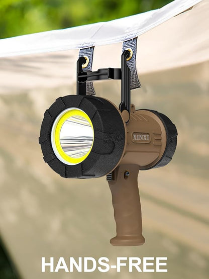 XINXI 1000,000 Lumens Rechargeable Spotlight with COB Floodlight, 6 Light Modes and USB Charger for Hiking, Boating, Hunting, IP67 Waterproof Handheld Flashlight with red Filter(Brown)