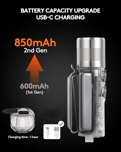 RovyVon A28 Gen 2 1000 Lumens EDC Flashlight, 6500K Cool White LED, USB-C Rechargeable, Dual Button for Momentary On/Lock Mode, Magnetic Clip, Gift for Ourdoor Emergency(365nm/White)
