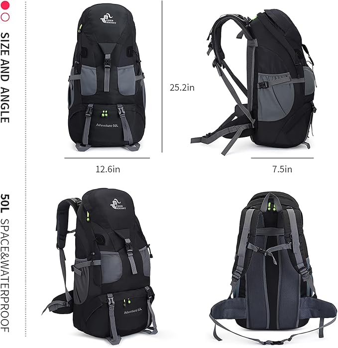 Bseash 50L Hiking Backpack, Water Resistant Lightweight Outdoor Sport Daypack Travel Bag for Camping Climbing Touring (Black - No Shoe Compartment)