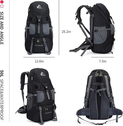 Bseash 50L Hiking Backpack, Water Resistant Lightweight Outdoor Sport Daypack Travel Bag for Camping Climbing Touring (Black - No Shoe Compartment)