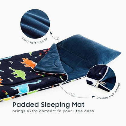 Wake In Cloud - Glow in the Dark Sleeping Bag with Pillow, Fleece Nap Mat for Toddler Kids Boys Girls, Winter Cold Weather Daycare Kindergarten Sleepover Travel Camping, Colorful Dinosaur on Dark Navy