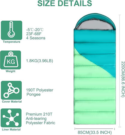 Camping Sleeping Bags for Adults Kids - 3-4 Seasons Warm & Cold Weather Backpacking Hiking XL Size Roomy Camping Gear Equipment for Couples Outdoor Car Family Travelling - Lightweight & Waterproof