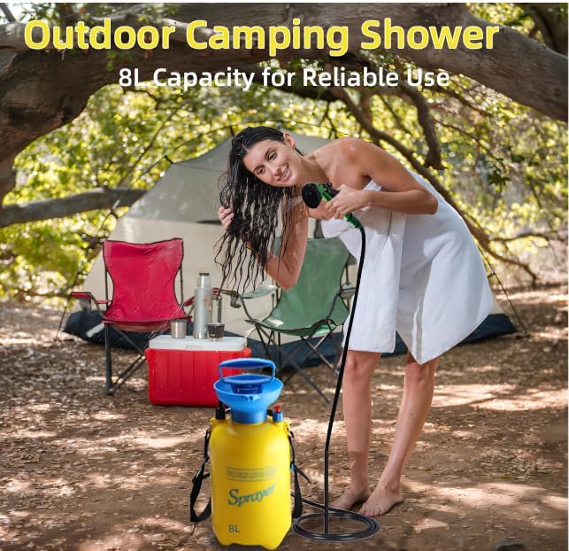 Finderomend Portable Shower for Camping with 7 Spray Modes, 1.3 Gallon Hand Press Camping Shower with Removable Hose and Shower Head,5L