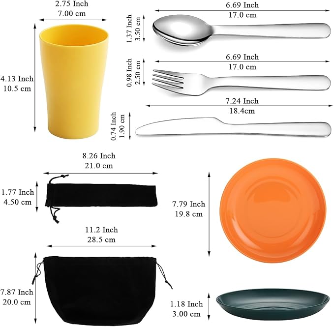 Camping Utensils Mess Kit, Including Camping Spoon, Fork, Knife, Plate and Cup Packed in a Portable Bag, Easy to Carry, Dishwasher Safe