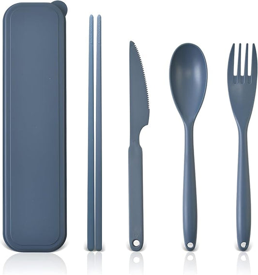 Large Reusable Travel Utensils Set with Case, Plastic Silverware Set for Adults Travel Picnic Camping, Portable Flatware Cutlery Set with Chopsticks for Daily Use(Dark Blue)