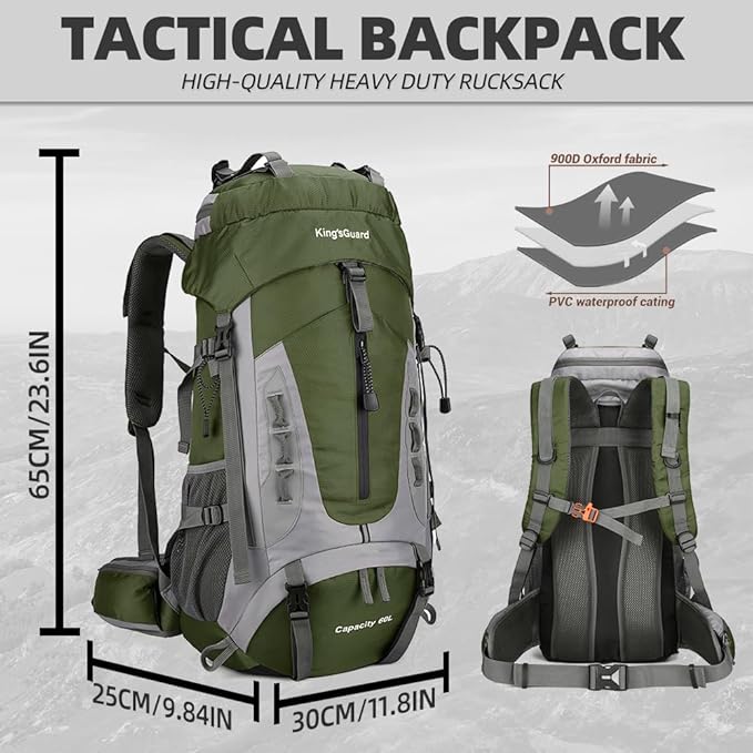 60L Hiking Backpack Large Waterproof Camping Backpack for Men and Women Lightweight Frameless Backpacking Backpack with Rain Cover (Army Green)