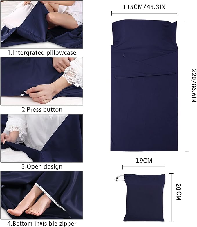 Sheet Sleeping Bag, Lightweight Travel Sheet 210 x 115 cm, Sheet Sleeping Bag with Zipper, Sleeping Bag Liner Polyester for Backpacking Hotel& Hiking