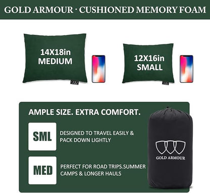 Gold Armour Camping Pillow Memory Foam - Compact Compressible Backpacking, Hammock, and Travel Pillows for Kids and Adults - Essential Outdoor & Camping Gear (Medium 14x18in, Green)
