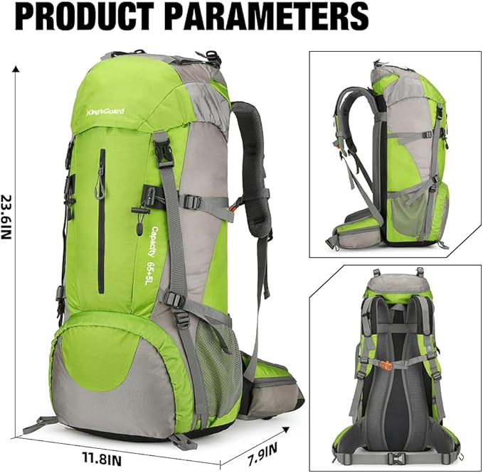 King'sGuard 70L Hiking Backpack Waterproof Camping Backpack with Rain Cover Large Lightweight Backpacking Backpack Daypack for Travel Outdoor -Frameless (Green)