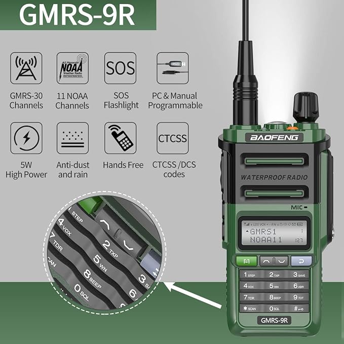 GMRS Radio Baofeng GMRS-9R 5W Rechargeable Two Way Radio for Adults,Waterproof IP67,NOAA Scanning and Receiving with Extra Original Battery,Programming Cable,Tactical Antenna,Speaker Mic,Tactical Bag