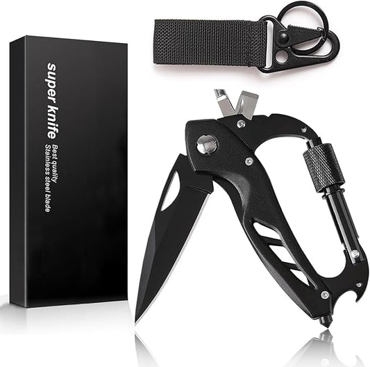 Multitool Carabiner with Pocket Knife for Men, EDC Carabiners Keychain with Folding Knives, Bottle Opener, Window Breaker and Screwdriver, Survival Gear/Gadget for Camping Hiking