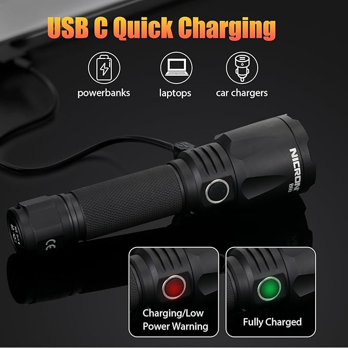 NICRON 1400 Hight Lumens Flashlight, Rechargeable Tactical Flashlight: Led Flashlight Small, Super Bright Powerful Flashlight for Camping, Charged with Type C Cable
