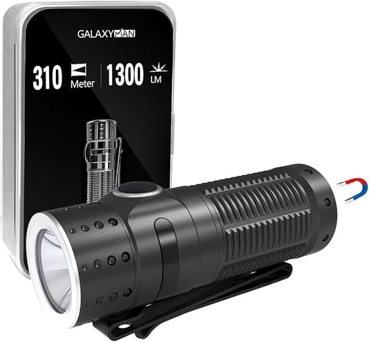 EDC Flashlight Rechargeable, 1300 High Lumen LED Mini Pocket Flash Light with Magnetic Base, 310M Throw Compact Waterproof Small Powerful Light for Home, Camping, Emergencies-Black Color