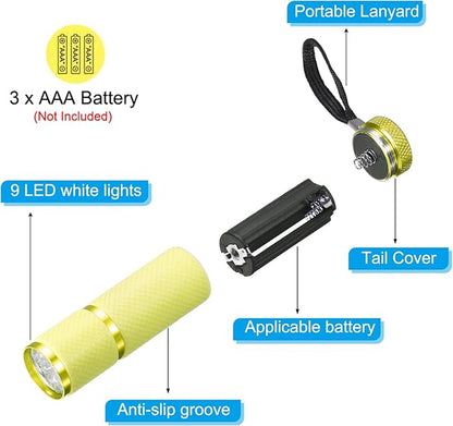 PATIKIL 9 LED Glow in Dark Flashlights, 2 Pcs Mini Aluminum Flashlight Rubber Coated Flashlight with Strap for Camping, Hiking, Party, Yellow