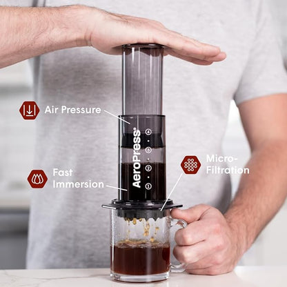 AeroPress Clear Black Coffee Press – 3 In 1 Brew Method Combines French Press, Espresso, Full Bodied Coffee Without Grit or Bitterness, Small Portable Coffee Maker for Camping & Travel, Black