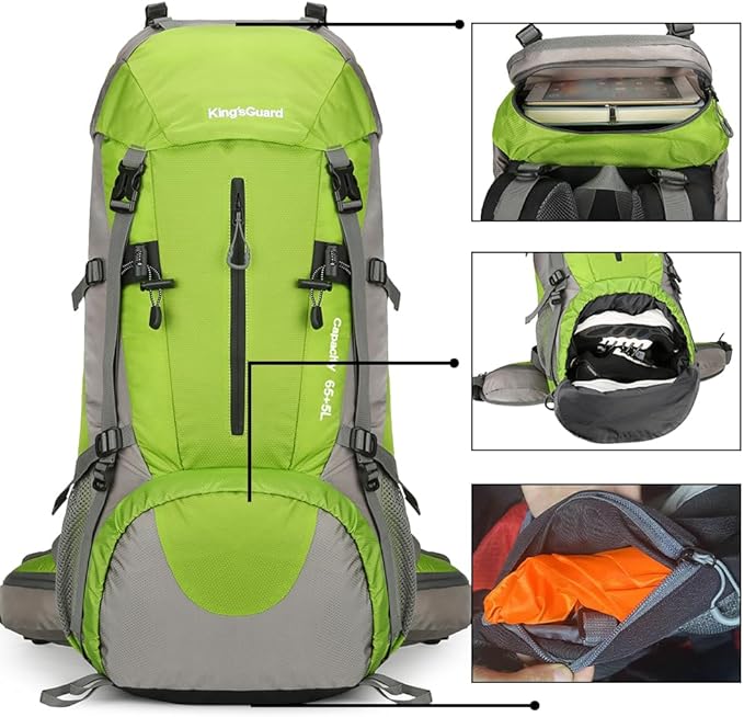 King'sGuard 70L Hiking Backpack Waterproof Camping Backpack with Rain Cover Large Lightweight Backpacking Backpack Daypack for Travel Outdoor -Frameless (Green)