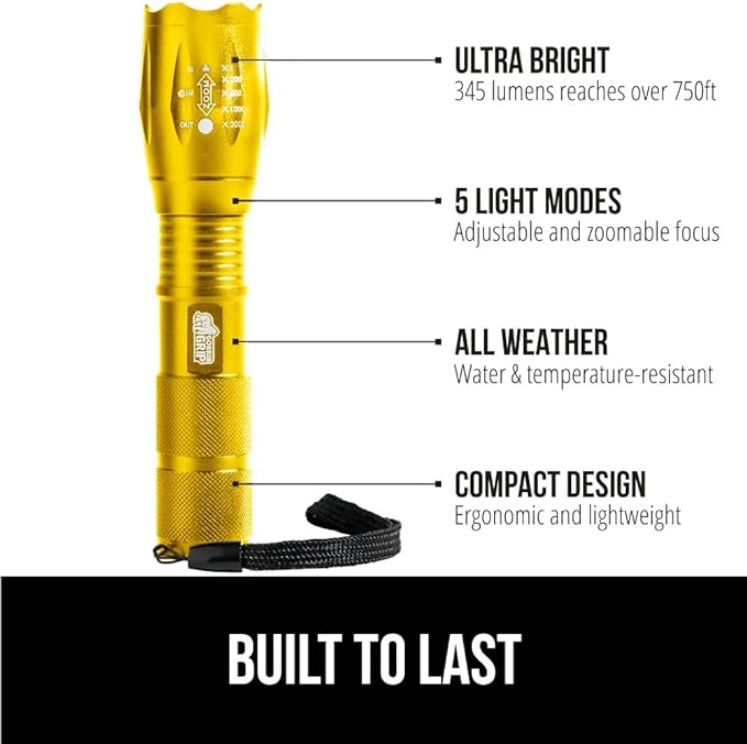 Gorilla Grip Powerful LED 750 FT Water Resistant 5 Adjustable Mode Tactical Flashlight, High Lumens Ultra Bright Battery Life Zoom Flashlights, Small Camping Car Mini Flash Light Accessories, Gold