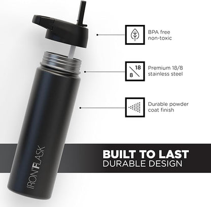 IRON °FLASK Camping & Hiking Hydration Flask, Wide Mouth, 3 Straw Lids, Stainless Steel Outdoor Water Bottle, Double Walled, Insulated Thermos, Metal Canteen - Midnight Black, 22 Oz