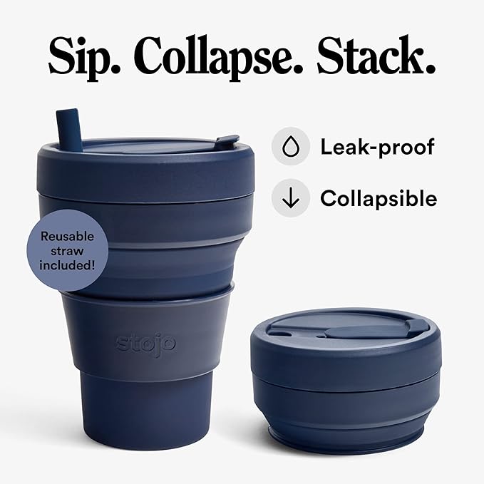 STOJO Titan Collapsible Travel Cup With Straw - Denim Blue, 24oz / 710ml - Reusable To-Go Pocket Size Silicone Cup for Hot & Cold Drinks - Camping and Hiking - Microwave & Dishwasher Safe