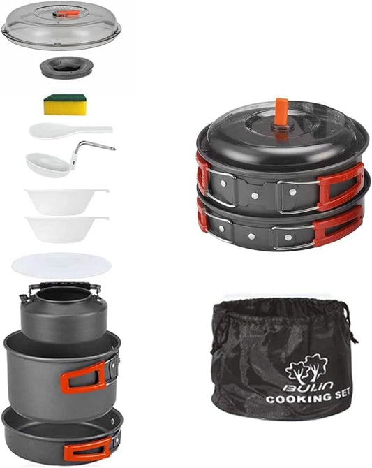 Bulin 24/13/11/8/4 PCS Camping Cookware Mess Kit Lightweight Backpacking Cooking Set Outdoor Cook Gear for Family Hiking, Picnic(Kettle, Pot, Frying Pan, Bowls, Plates, Spoon)
