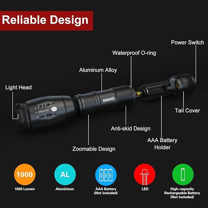 COSOOS 2 Tactical Flashlights with Holsters, Bright LED Flashlight 1000 Lumen, 5 Mode Portable Zoomable Waterproof Flash Light for Hiking, Outdoor Camping Gear Essential, No AAA Battery