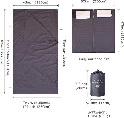 100% Cotton Sleeping Bag Liner with Full Length Zipper on 3 Sides; Single/Double Adult Sleep Sack for Travel & Camping, Multifunctional Travel Sheets (Unzipped 87”x87”) for Hotel, Lightweight