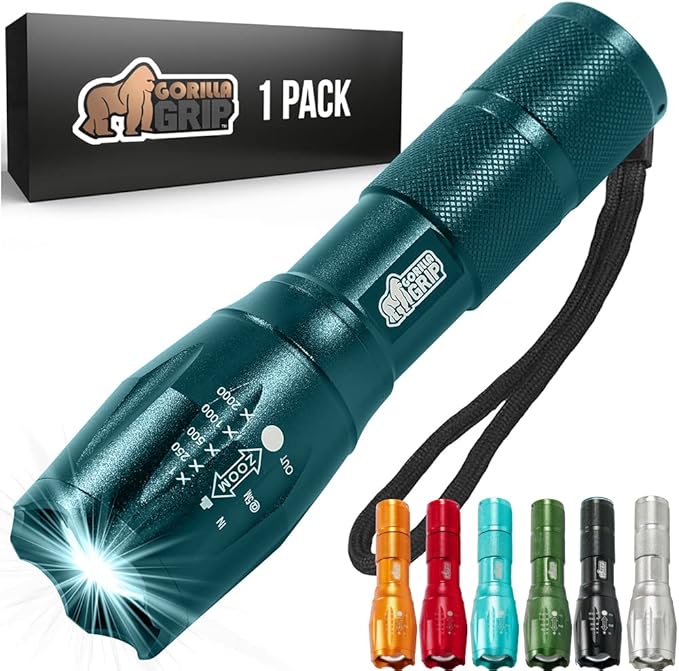 Gorilla Grip Powerful LED 750 FT Water Resistant 5 Adjustable Mode Tactical Flashlight, High Lumens Ultra Bright Battery Life Zoom Flashlights, Small Camping Car Mini Flash Light Accessories Teal Blue