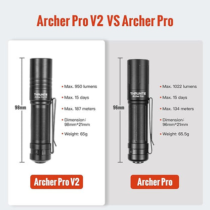 ThruNite Archer Pro V2 EDC Flashlight - 950 Lumens, USB-C Rechargeable, Tail Switch LED Penlight for Camping, Outdoor & Emergency - Cool White (Black)