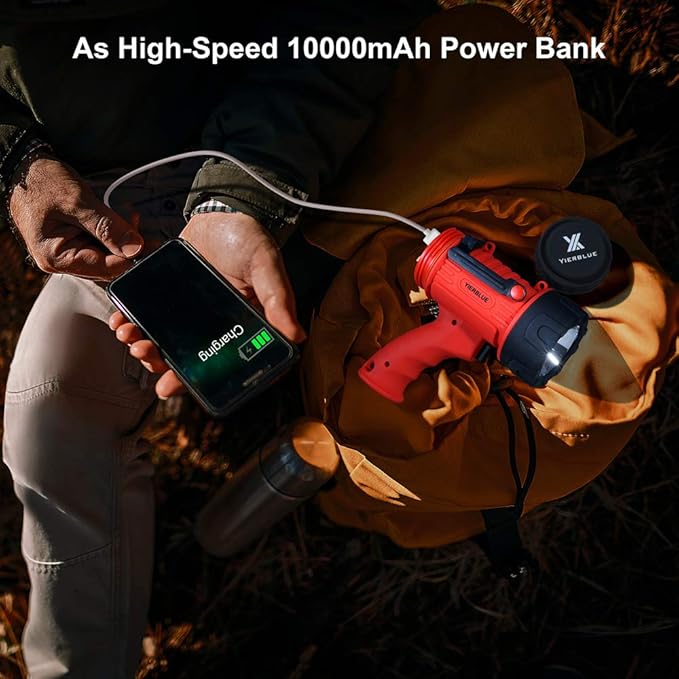 YIERBLUE Rechargeable Spotlight with 200000 Lumen LED, IP67 Waterproof Handheld Flashlight Searchlight with Detachable Red Light Filter, 10000mAh Long Running
