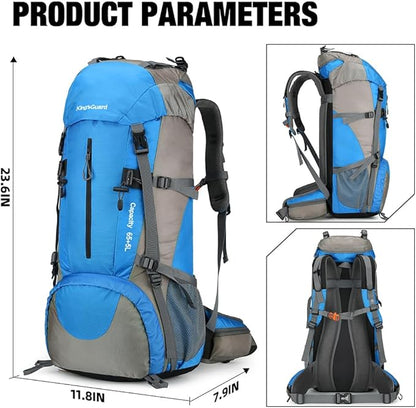 King'sGuard 70L Hiking Backpack Waterproof Camping Backpack with Rain Cover Large Lightweight Backpacking Backpack Daypack for Travel Outdoor -Frameless (Light Blue)