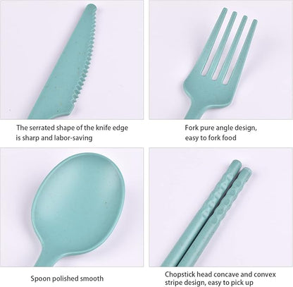 Camping Utensil Set, Reusable Utensils Set with Case, Plastic Cutlery Set Forks Spoon Tableware Chopsticks, Portable Cutlery Set for Travel Picnic Camping or Daily Use (Dark Color-4)