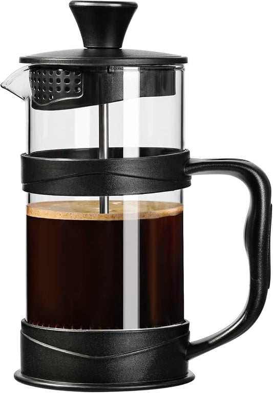 PARACITY French Press Coffee/Tea Maker, Camping Mini Coffee/Tea Press of 304 Stainless Steel Filter and Heat Resistant Glass, Cold Brew Coffee Maker 11.8OZ for Travel& Home Gift(Black)