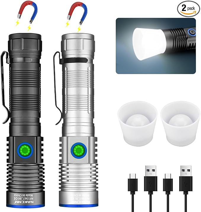 NAKCNM Magnetic Flashlight LED Rechargeable Flashlights High Lumens, 25000lm 4 Modes with Clip&Diffuser, Waterproof Super Bright Flashlights for Home Emergency Camping, Dimmable (Black+Silver)