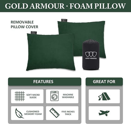 Gold Armour Camping Pillow Memory Foam - Compact Compressible Backpacking, Hammock, and Travel Pillows for Kids and Adults - Essential Outdoor & Camping Gear (Medium 14x18in, Green)