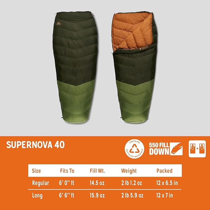 Kelty Supernova Down Sleeping Bag, Compact + Lightweight, Roomy Shape for All Body Types and Sleep Positions, Recycled Shell Fabrics