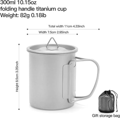 Titanium Camping Mug 300ml/10.1oz Lightweight Titanium Pot with Lid Foldable Handle Tea Cup Coffee for Outdoor Backpacking Hiking Traveling Picnic
