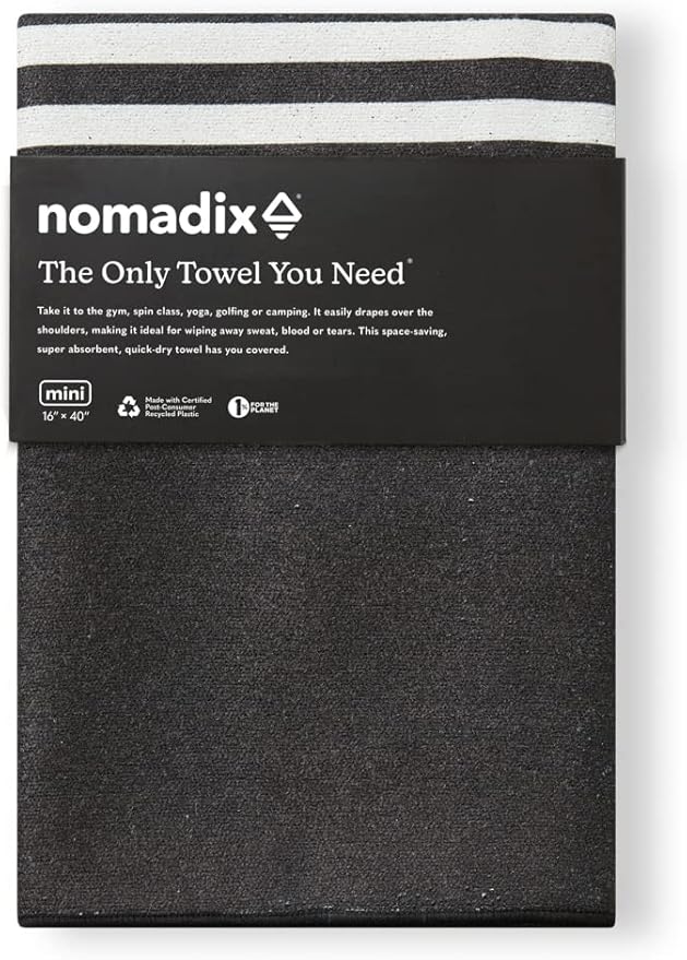 Nomadix Mini Towel - Perfect for The Gym, Biking, Hiking, Golf, & More - Made with Recycled Materials - Super Absorbent - Quick Dry - Sand Resistant - Poolside Black - 40x16 in