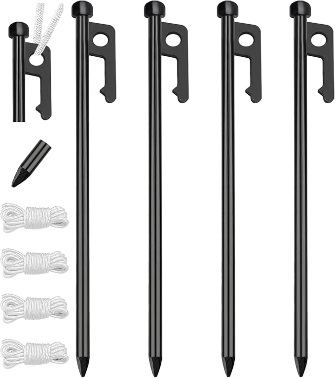 Eurmax USA 10 inch Multiuse Heavy Duty Steel Tent Stakes Tarp Pegs Camping Stakes for Outdoor Camping Canopy and tarp with 4 Ropes 10FT Length,4pcs(Black)