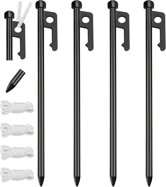 Eurmax USA 10 inch Multiuse Heavy Duty Steel Tent Stakes Tarp Pegs Camping Stakes for Outdoor Camping Canopy and tarp with 4 Ropes 10FT Length,4pcs(Black)