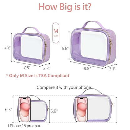 PACKISM TSA Approved Toiletry Bag - Glitter Textured Clear Travel Bag, Personalized and Fashion, with 180° Large Opening and Supporting Frame, Perfect for Travel Essentials, Thick No Smell, Purple