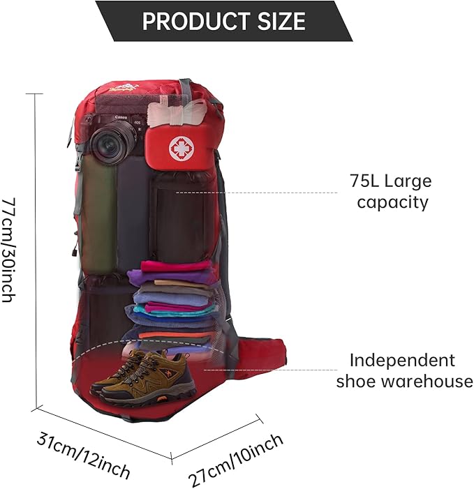 King'sGuard Hiking Backpack for Men and Women 70L+5L Waterproof Lightweight Camping Daypack with Rain Cover for Outdoor Travel Mountaineering - Frameless (Red)