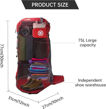 King'sGuard Hiking Backpack for Men and Women 70L+5L Waterproof Lightweight Camping Daypack with Rain Cover for Outdoor Travel Mountaineering - Frameless (Red)
