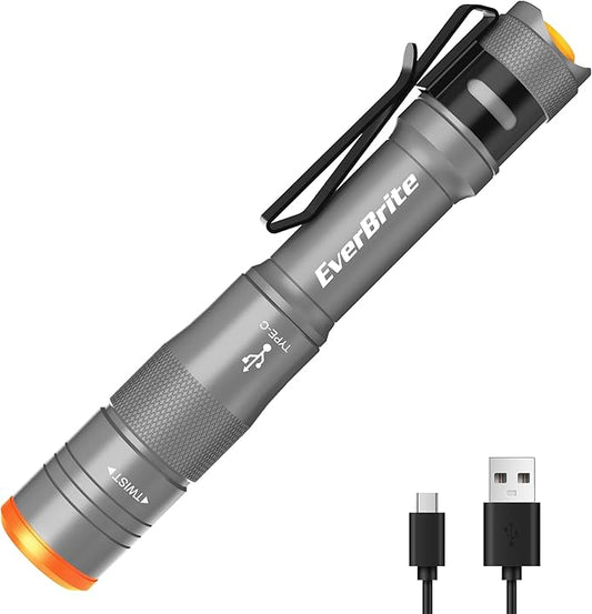 EverBrite Mini Pen Light, Rechargeable Pocket Pen Flashlight with USB C Cable, 4 Light Modes, 300 Lumens Small Flashlight with Clip for Inspection, Repair, Outdoors, Emergency, Gunmetal grey
