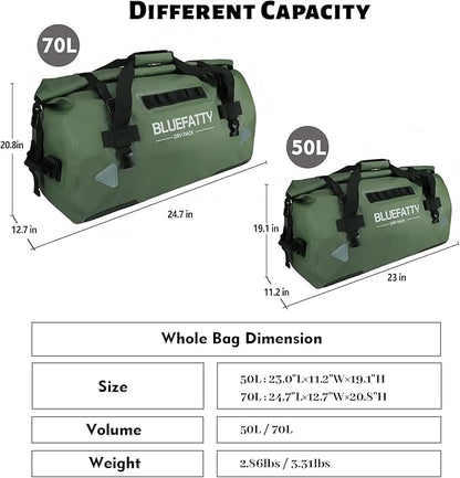 Large Waterproof Duffel Bag Roll-top Heavy Duty Dry Duffle Bags for Motorcycling, Rafting, Boating, SUP, Kayaking, Travel, 70L(Army Green)